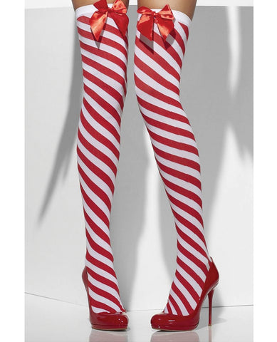Smiffy Holiday Opaque Striped Thigh Highs w/Bows Red/White O/S