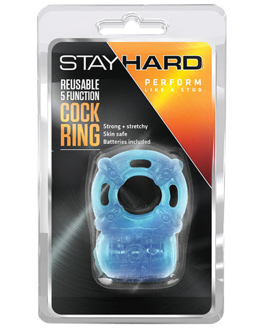 Blush Stay Hard Vibrating Reusable 5 Function Cock Ring - Blue - www.gspotzone.com