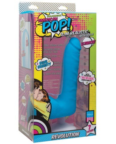 American Pop Revolution Ultraskyn 7" Dong w/Balls & Suction Cup - Blue, Dongs & Dildos,- www.gspotzone.com