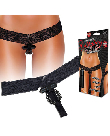 Hustler Vibrating Panties w/Hidden Vibe Pocket, Bullet & Stimulation Beads - Black