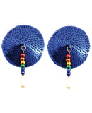 Sequin Nipple Covers Round w/Rainbow Beads and Pearls - Blue