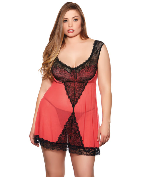DISCONTINUED =$Holiday/Valentines Lace & Mesh Babydoll w/Panty Red/Black 2X