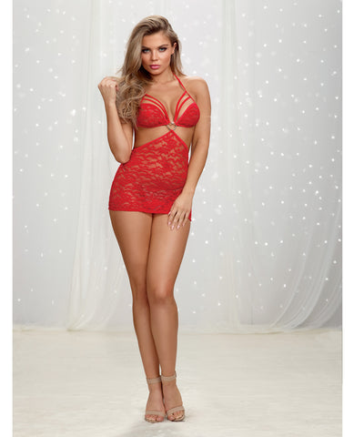 Strappy Lace Chemise w/Lace-Up Back & Cutout Waist Lipstick Red O/S