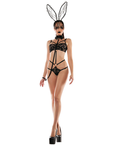 Roleplay Bunny Lace Playsuit w/Collared Leash - Black