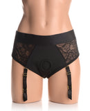Strap U Laced Seductress Lace Crotchless Panty Harness w/Garter Straps - L/XL Black